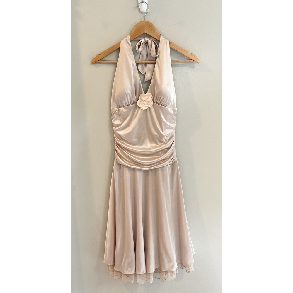 Ruby Rox Y2K Dress Cream Gold Halter Satin Champaign Tulle Ruching Sz M